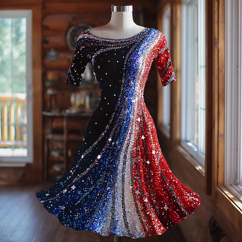 Contrast Sequin Art Print Crew Neck Dress wearshes