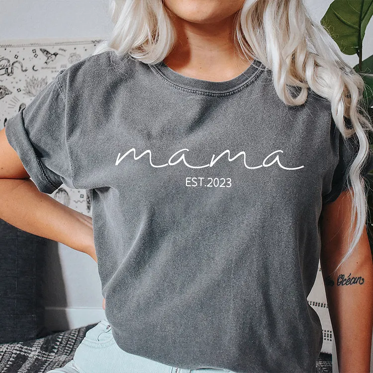 Personalised Chest Text Customization Mama Est Year T-shirt, with Children's Names on the Sleeve, Mother's Day Gift