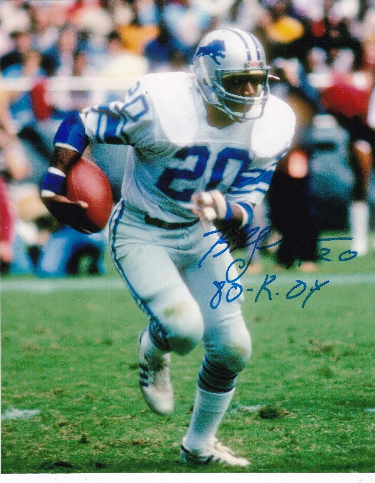 BILLY SIMS DETROIT LIONS 1980 ROY ACTION SIGNED 8x10