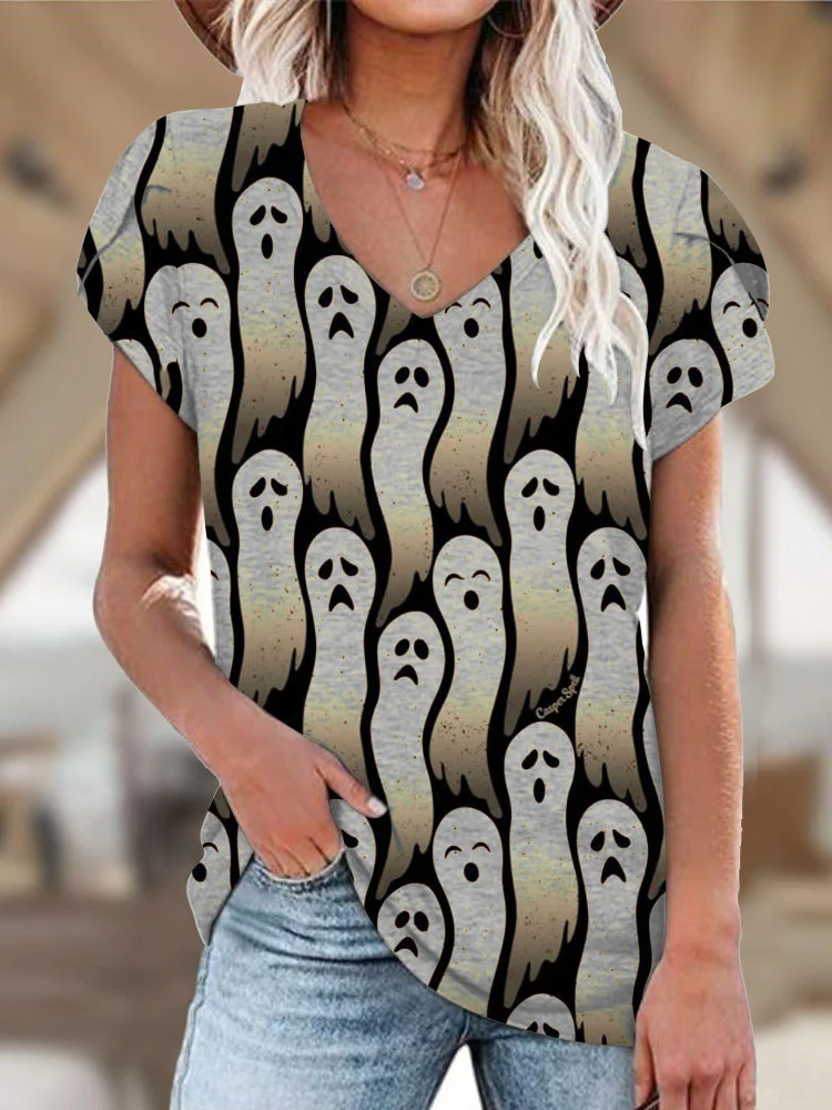 Halloween Ghost Graphic Petal Cap Sleeve T Shirt