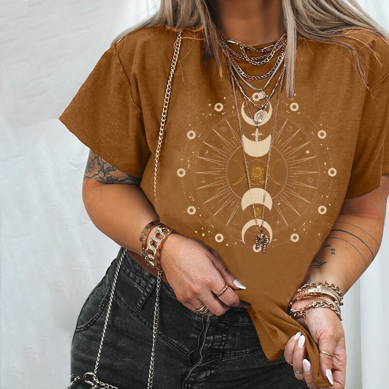   Moon Phases And Sun Printed Crew Neck Trendy T-shirt - Neojana