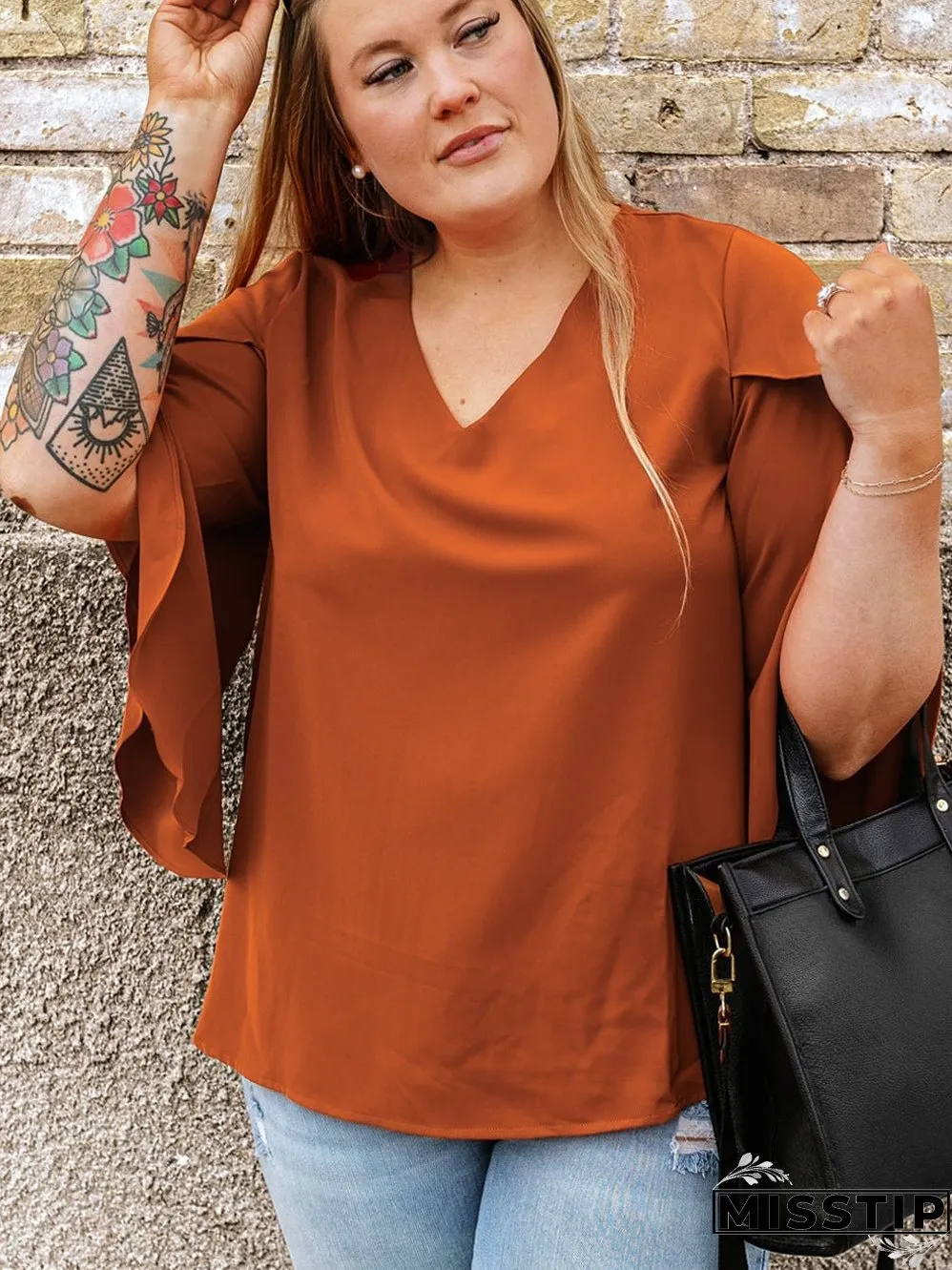 Golden Flame Wrap Sleeve V-Neck Plus Size Blouse