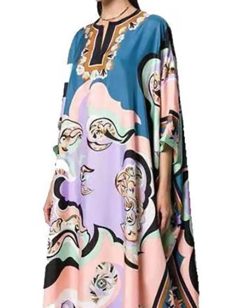 Batwing Sleeve Knitting elastic Printed Loose Maxi Dress