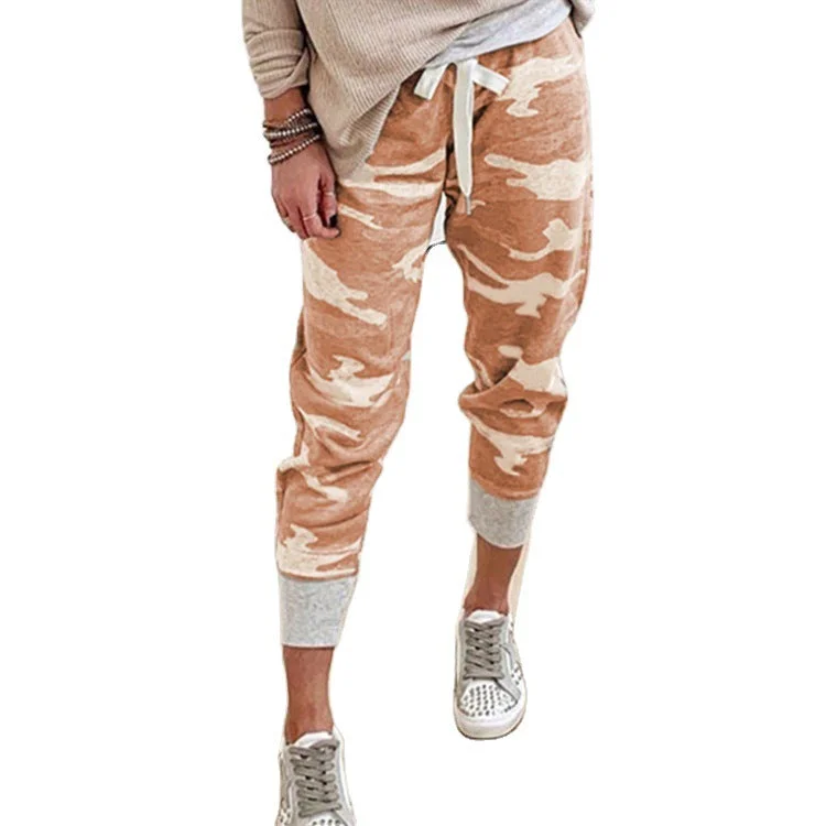 Brownm Hemp Blended Print Casual Drawstring Jogging Pants
