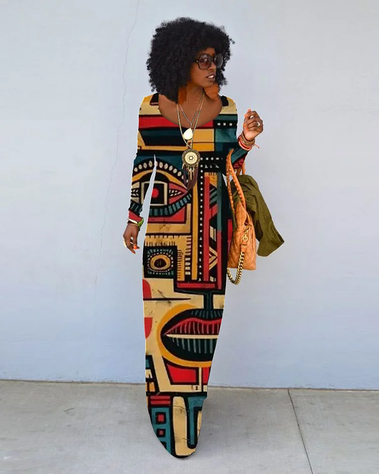 Vibrant Retro Ethnic Print Crew Neck Long Sleeve Dress