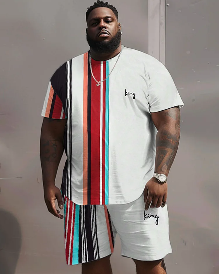 Men's Plus Size Casual Stripe Print T-Shirt Shorts Suit