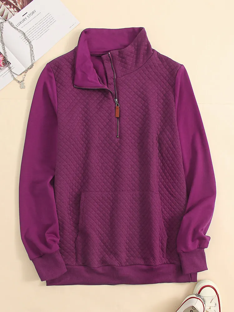 Solid Zip Front Pocket Long Sleeve Lapel Women Sweatshirt