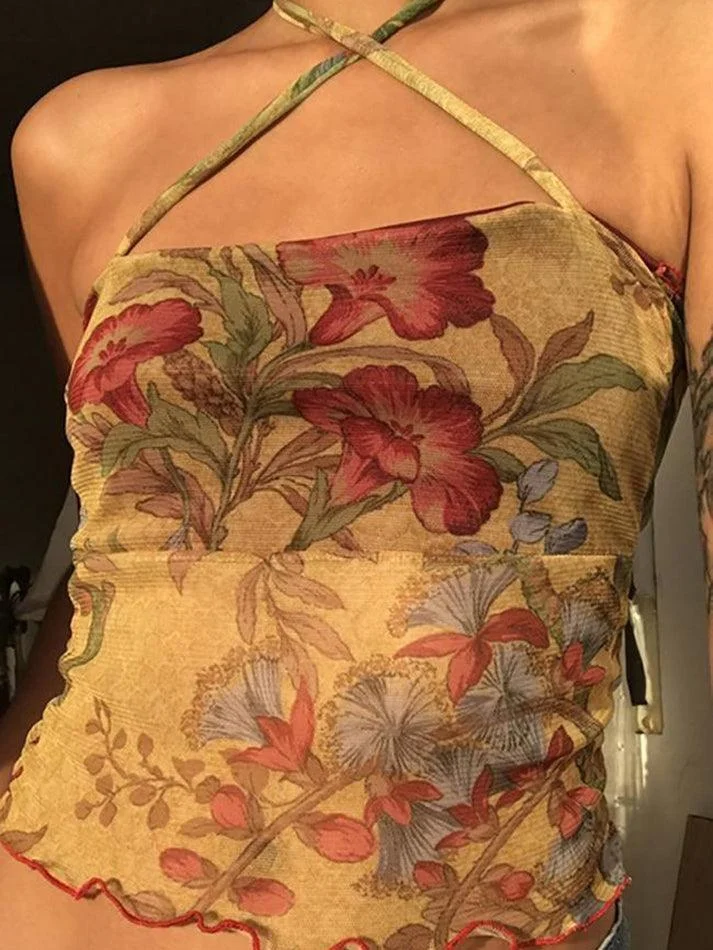 Toloer Halter Mesh Floral Crop Cami Top-Outfit Ideas