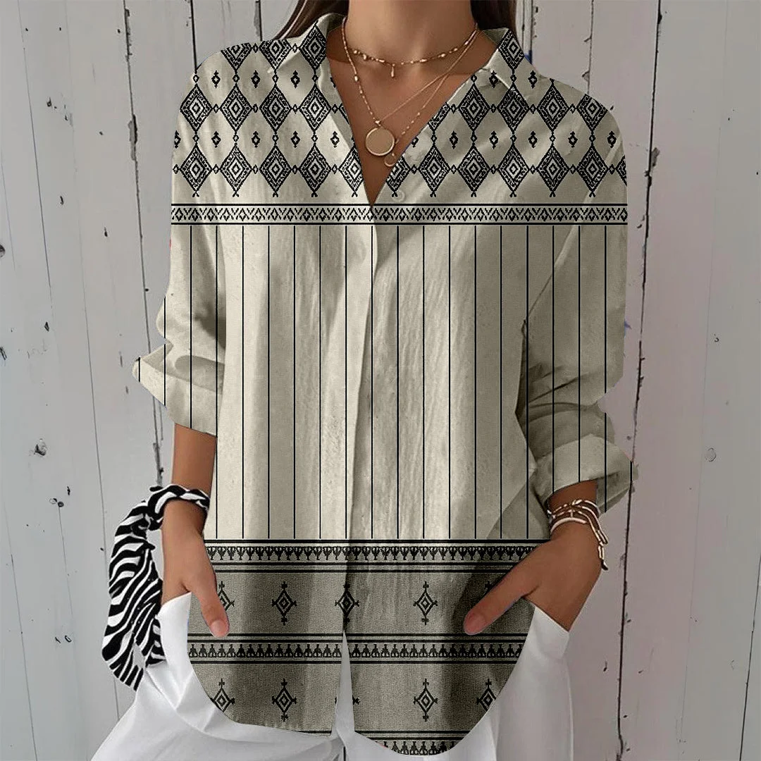 Style & Comfort for Mature Women Women Bohemian,Geometric,Black DZCL0298 3/4 Sleeve Shirt Collar Printed Button Tops