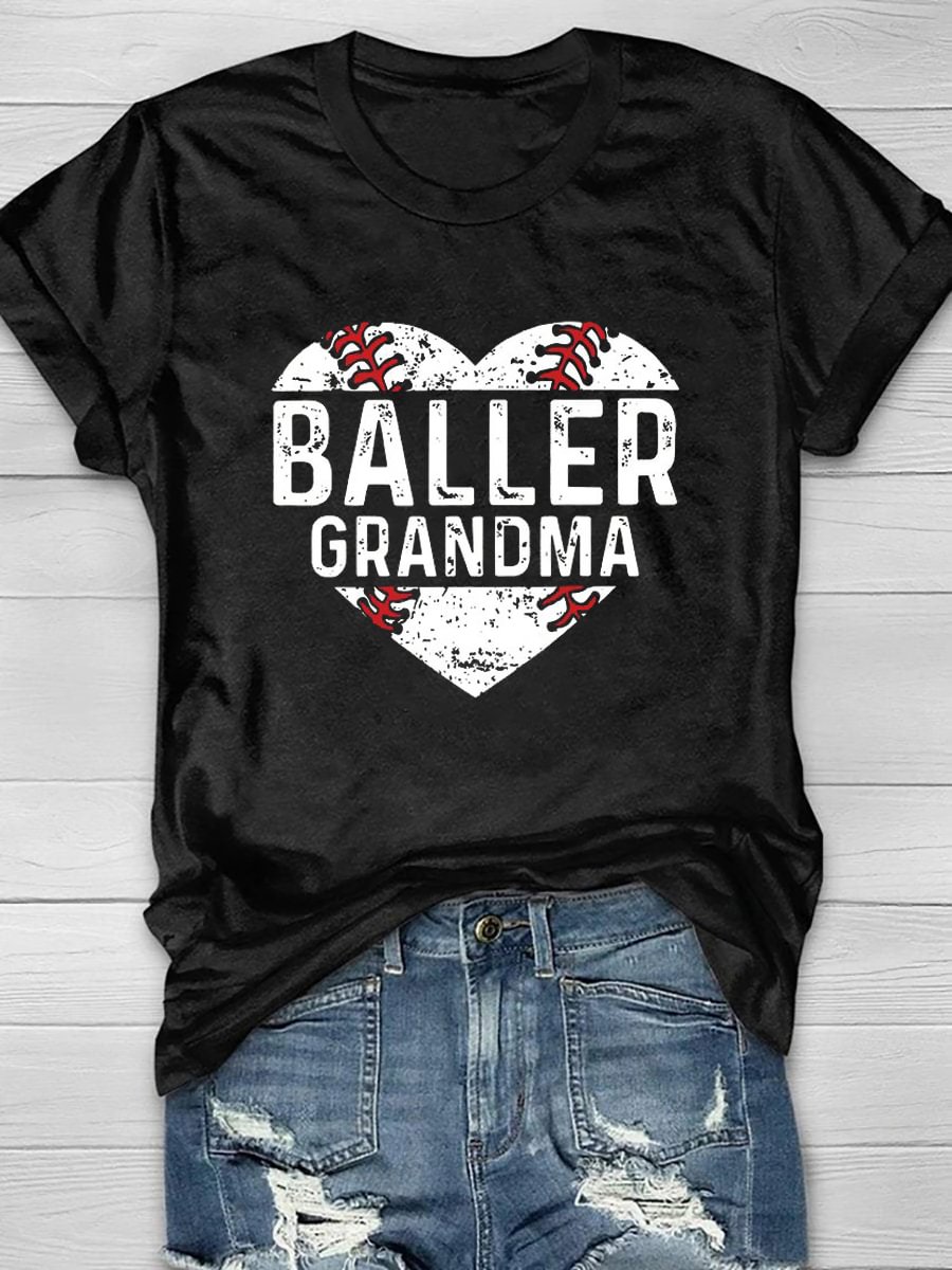 Baseball Granma Heart Print Short Sleeve T-Shirt