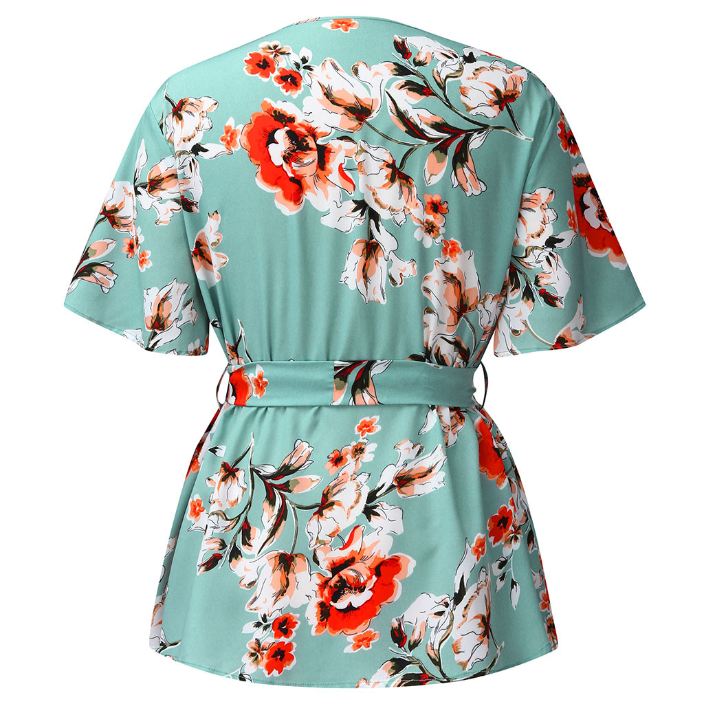  thdmladies Plus Size V Neck Short Sleeve Printed Waist Tie Loose Chiffon Top thedmladies