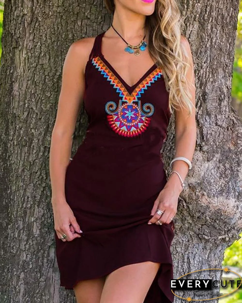 Spaghetti-Strap Printed Casual Cotton-Blend Dresses