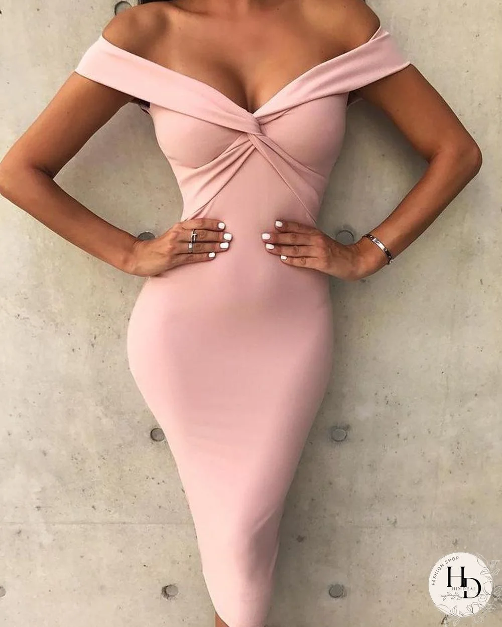 Solid Off Shoulder Twist Front Midi Dress P15228