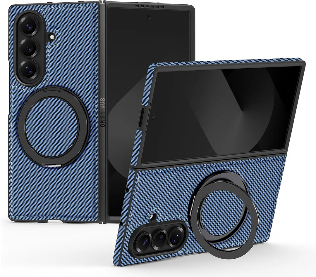 Magnetic for Samsung Galaxy Z Fold 7 Carbon Fiber Case with Stand, [Compatible with MagSafe] Aramid Fiber Twill 360&deg; Rotation Kickstand Thin PC Shockproof Case, Coffee