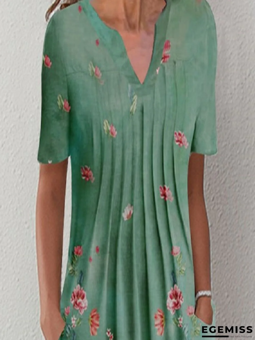 Casual Green Printed Flower V-neck Dress | EGEMISS