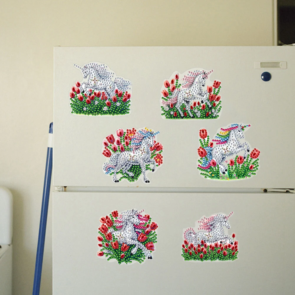  6 Pcs Tulip Horse Diamond Painting Cartoon Fridge Magnetic Stickers