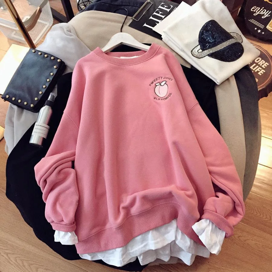 Plus Size Sweatshirts 2021 Women Korean Style Hoodies Large Loose Long Sleeved Blouse Woman Print Harajuku Pink Tops Sweat Femme