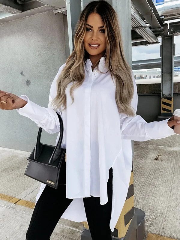 Urban Long Sleeves High-Low Solid Color Lapel Collar Blouses