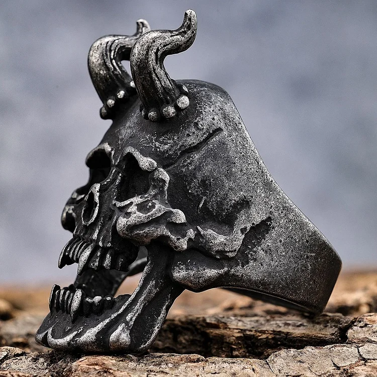 Bull Horn Death God Skull Ring