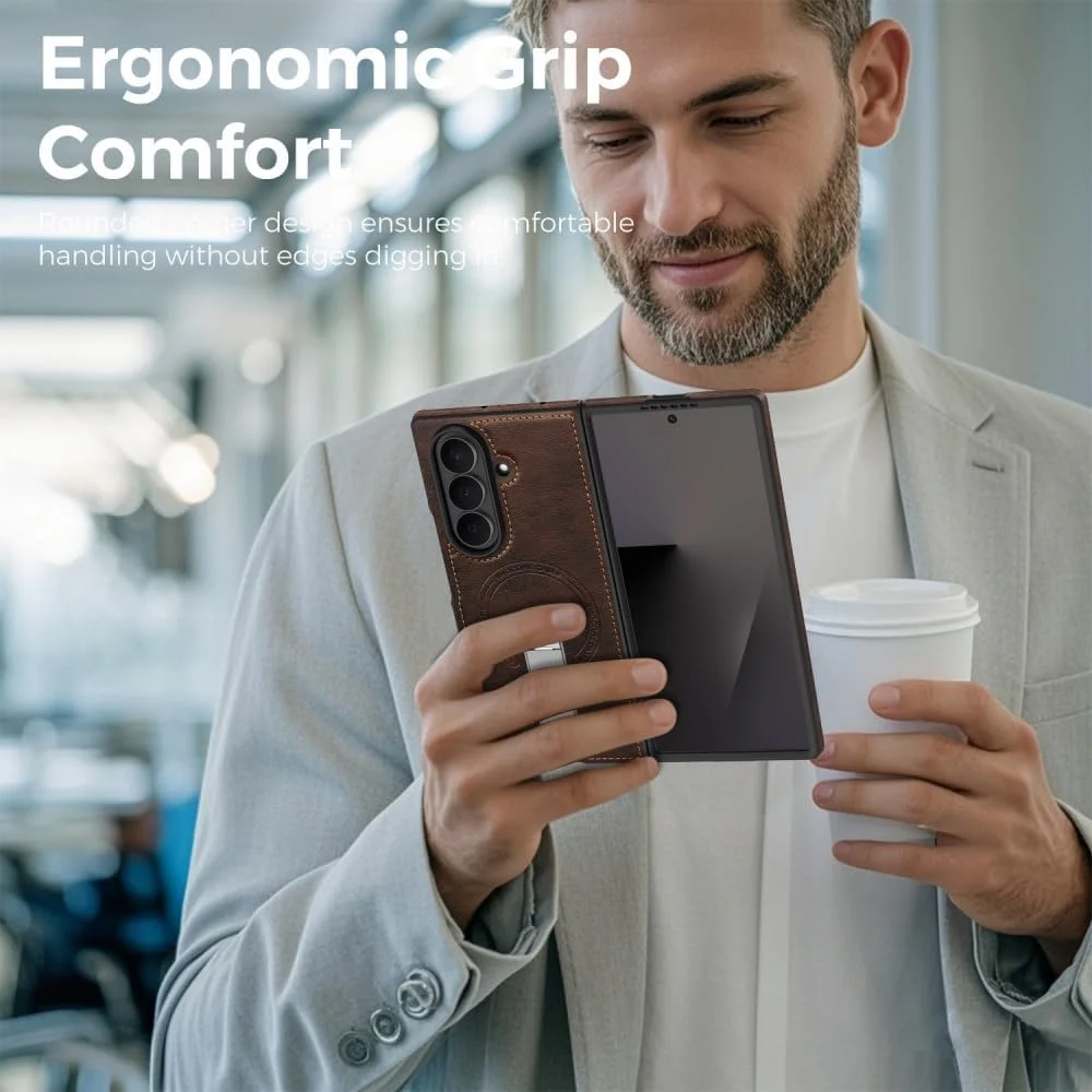 360 Rotae Kickstand Leather Case for Samsung Galaxy Z Fold 7 6 5 4 3 5G Magnetic Heavy Duty Cover, Military Shockproof Cases 