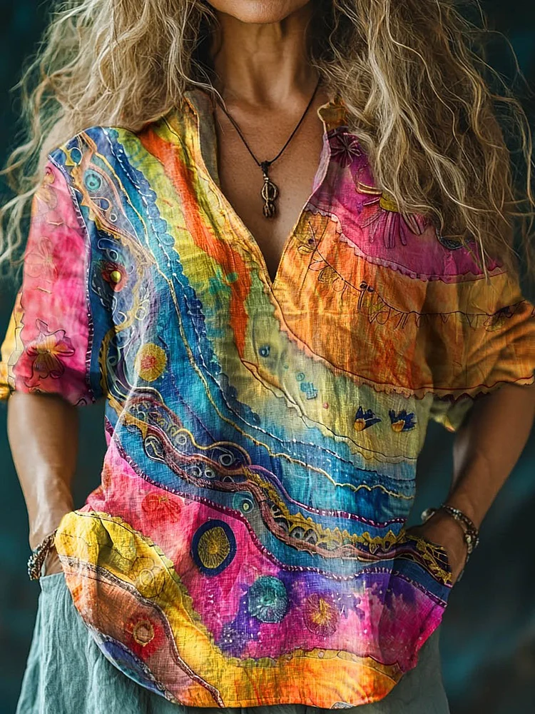 Women's Rainbow Stripe Art Print Casual Linen V-neck Shirt
