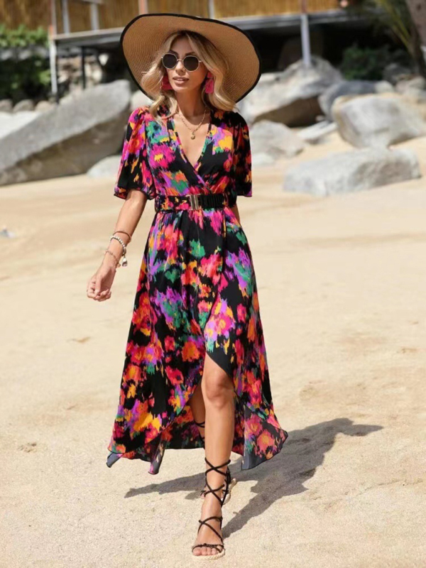 Mature Women Casual Summer Bohemian Printed Short-sleeved V-neck Beach Dress
