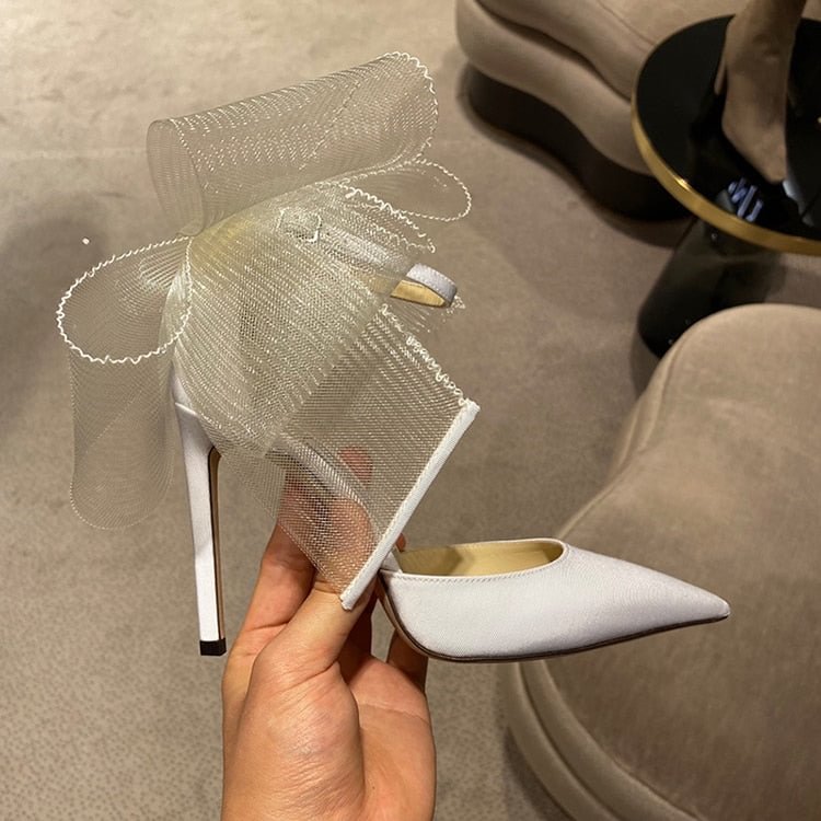 Elegant Single Summer Shoes 2022 Women Elegant Silk Buckle Strap Bowknot Mesh Sandals Pointed Toe Stiletto Heel Marry Jane Shoes