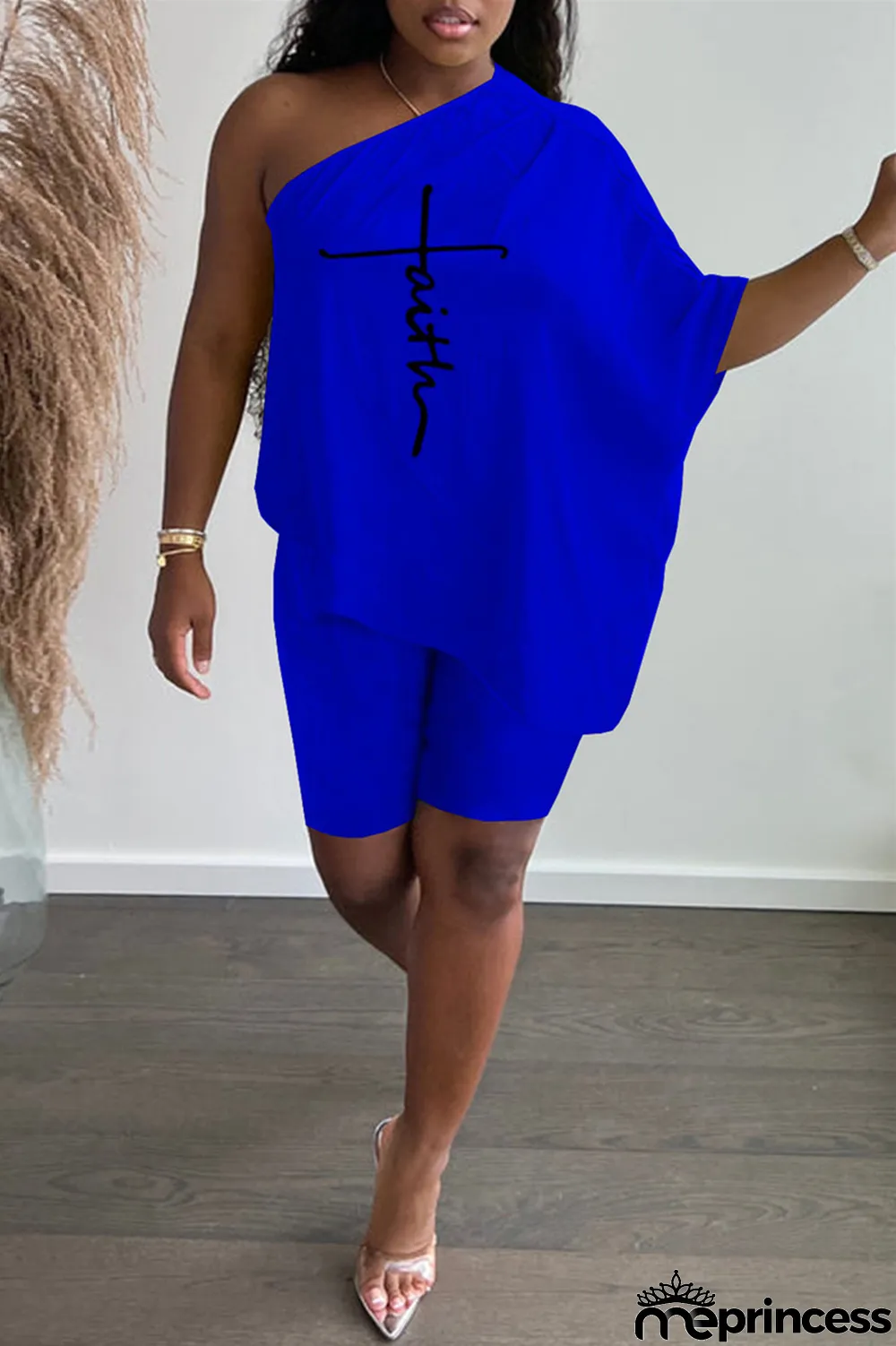 Red Fashion Casual Print Backless Oblique Collar Short Sleeve Two Pieces