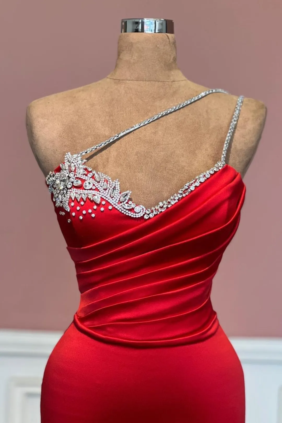 Modest Sheath One Shoulder Red Long Prom Dress Evening Dresses With Beads main image 1