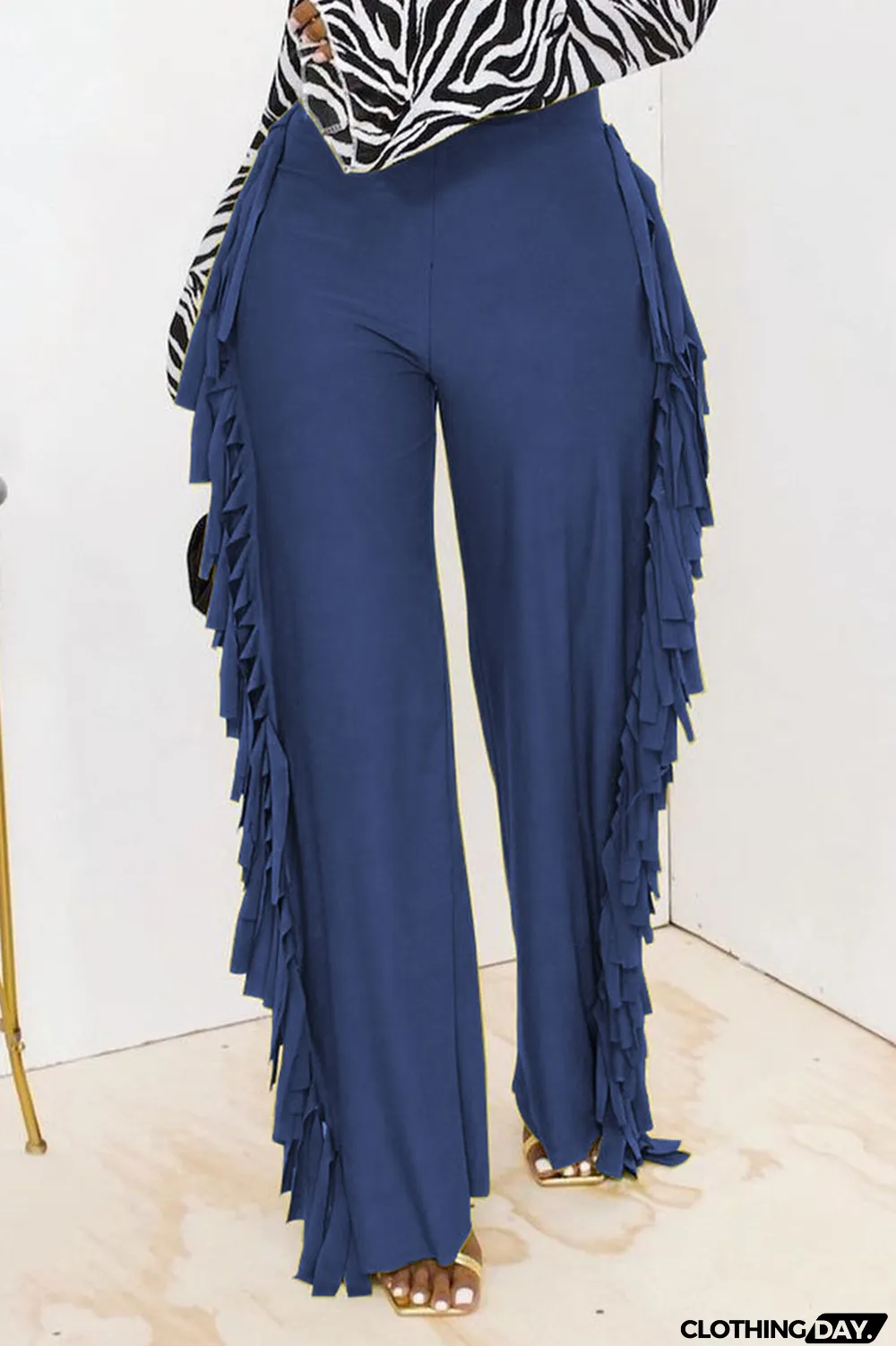 Champagne Fashion Solid Tassel Straight High Waist Straight Solid Color Bottoms