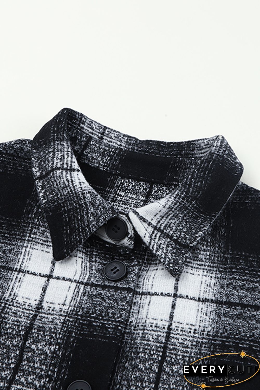 Black Plaid Print Buttoned Pocketed Long Sleeve Long Coat