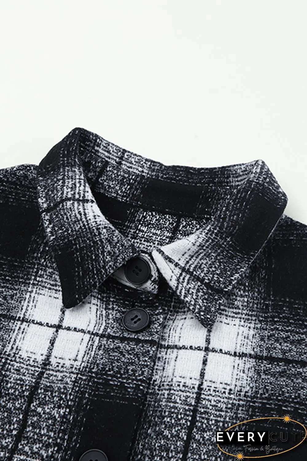 Black Plaid Print Buttoned Pocketed Long Sleeve Long Coat