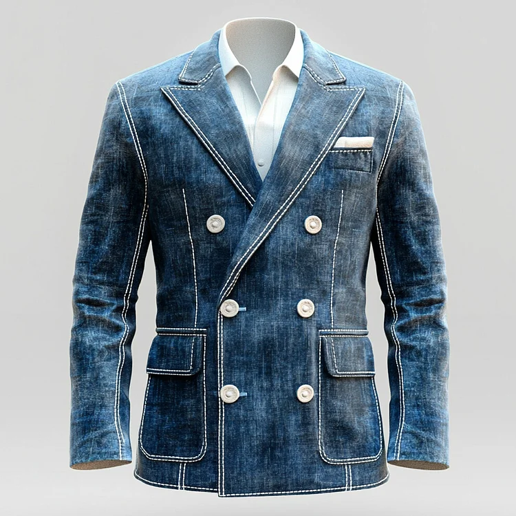 Men's Peak Lapel Double Breasted Denim Contrast Stitch Blazer