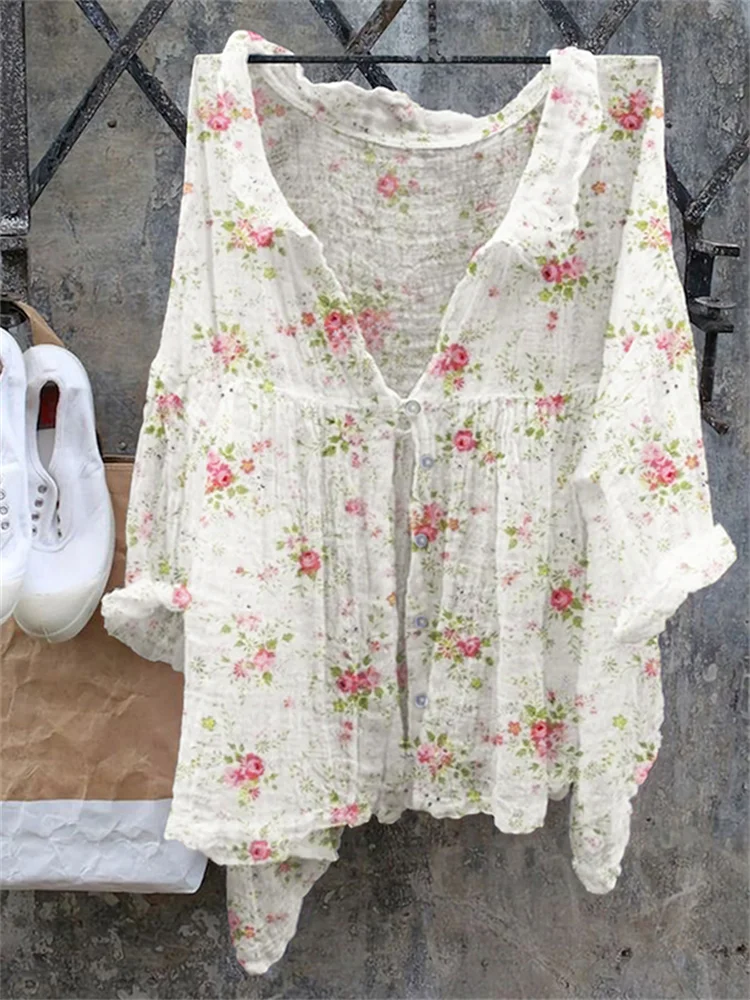 Simpfit Nachahmung aus Baumwolle und Leinenbluse mit Blumenmuster und Knopfleiste im Vintage-Rosen-Stil