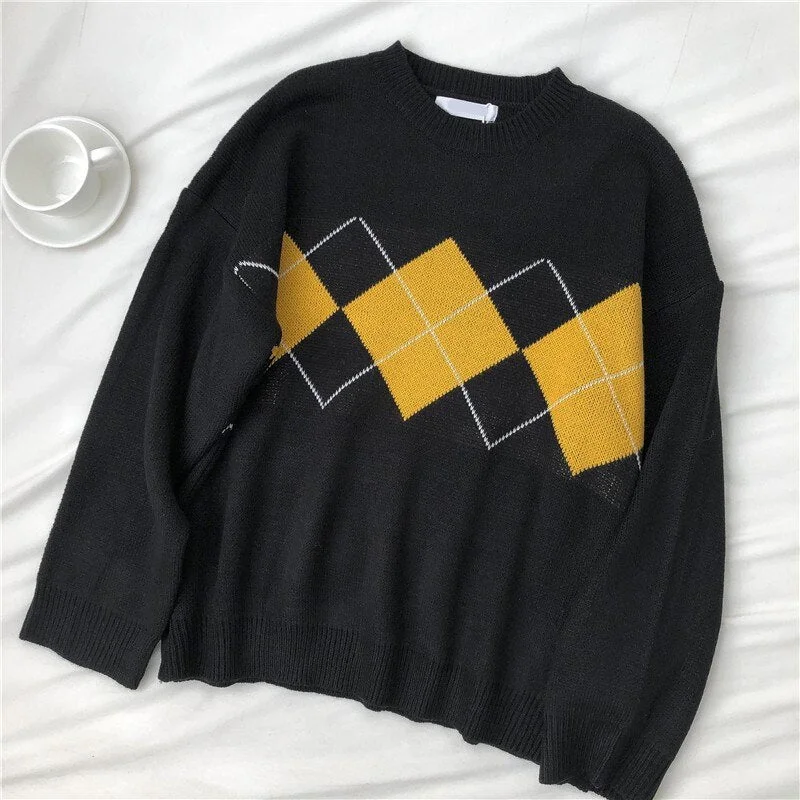 Autumn Winter Sweater Woman Winter Oversizes Knitted Pullover 2021 Long Sleeve Argyle Sweater Jumper Top Pull Femme Jersey Mujer