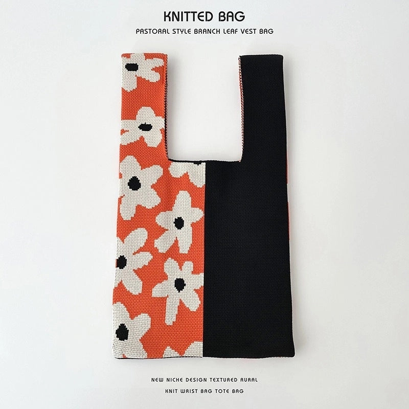 Women’s Medium Knit Letter Flower Cute Vintage Style Square Open Handbag