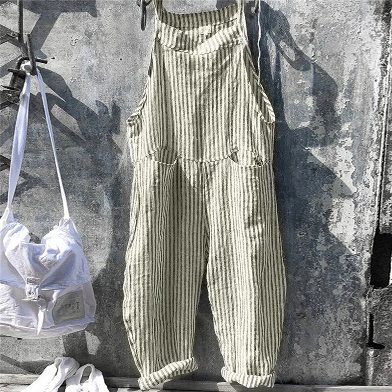 Women Casual Stripes Pocket Jumpsuit Summer Sleeveless Loose Bib Overalls Dungarees Wide Leg Jumpsuit Long Rompers Plus Size 5XL