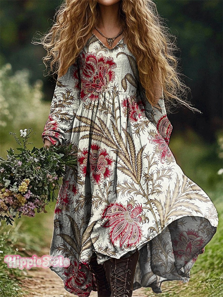 Women’s Retro Floral Print Pocket Cotton Dress Multicolor / S
