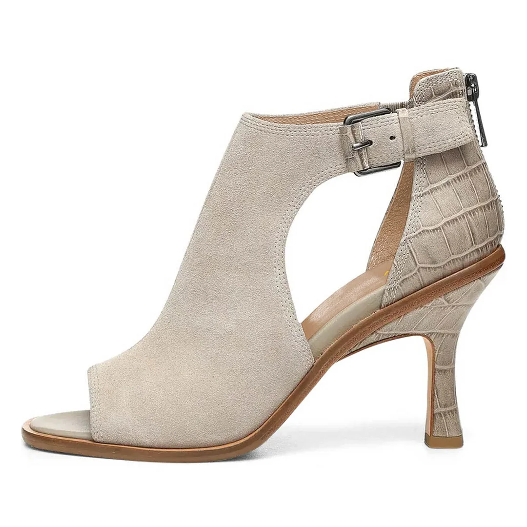 Gray Hollow-Out High Heel Peep Toe Croco Embossed Summer Sandals