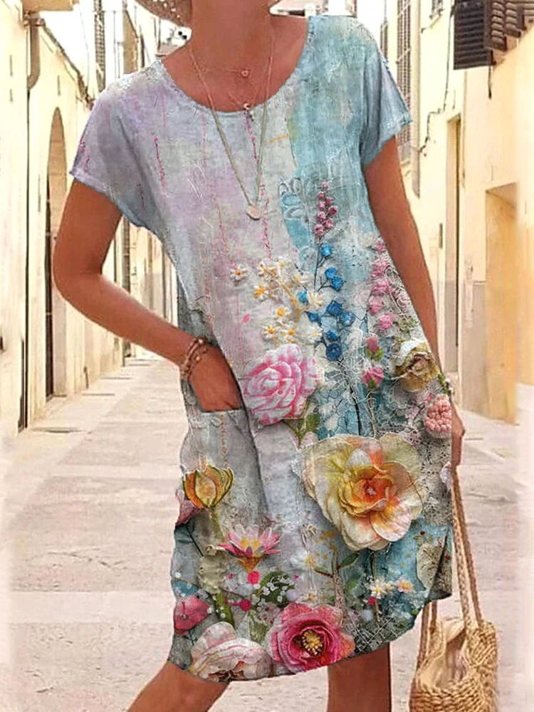 Vintage Floral Lace Embroidery Linen Blend Dress-mysite