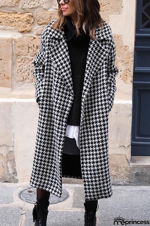 Houndstooth Lapel Woolen Coat