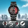 New Car Wheel Rim Watch With Scroll Creative Fashion Analog Watch, Black Dial Zinc Alloy Case Men's Watch, Stainless Steel Black Strap, Quartz Movement, Waterproof And Scratch-Resistant