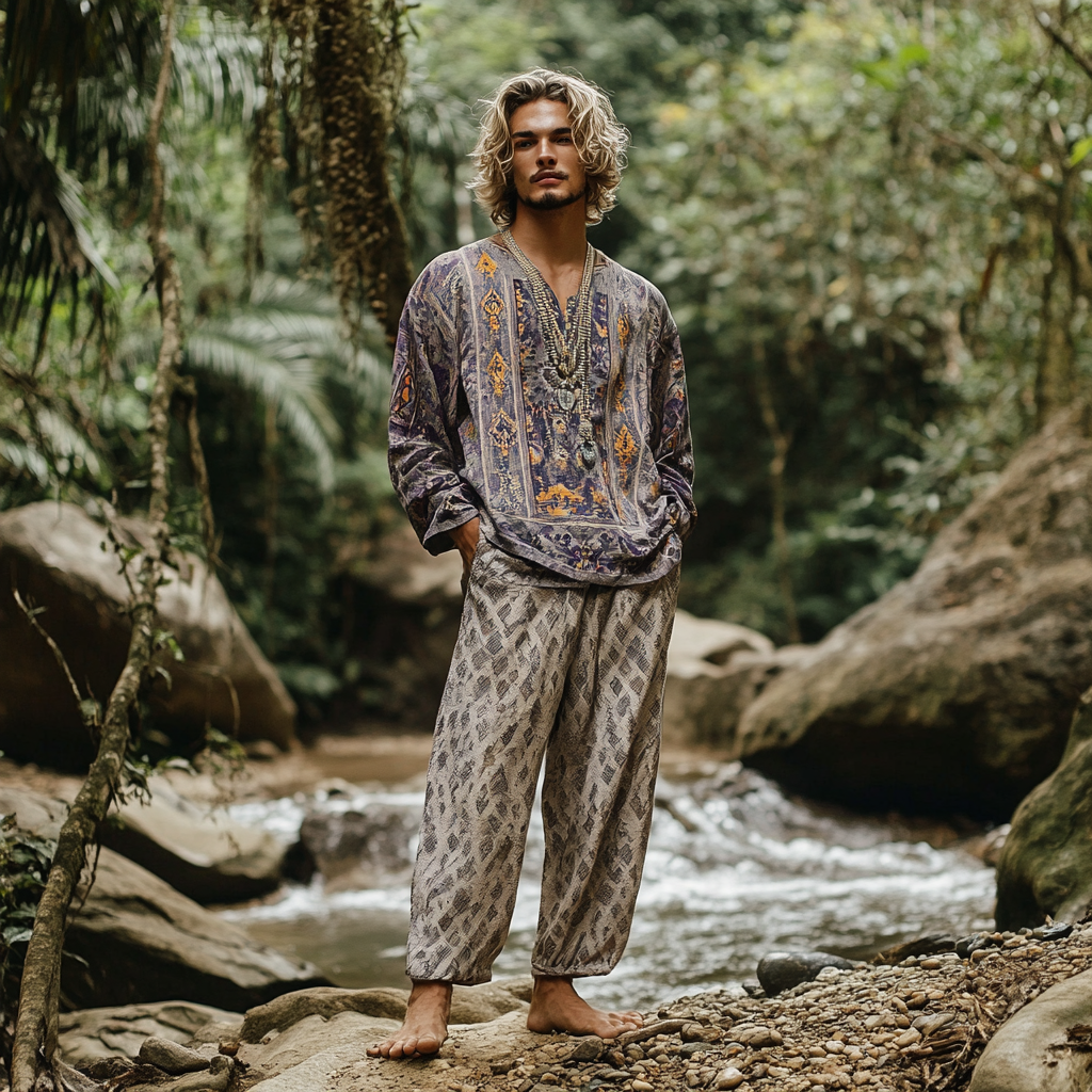 Men's Bohemian Holiday Style Vintage Ethnic Totem Print Cotton And Linen Casual Pants-inspireuse