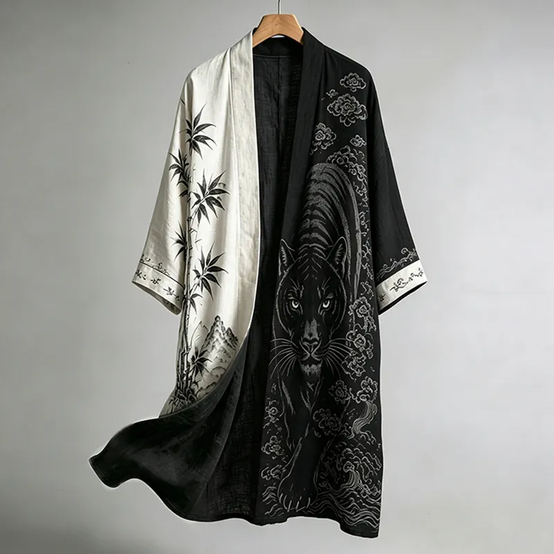 Men's Retro Japanese Bamboo And Black Panther Art Pattern Casual Long Cardigan  artssus
