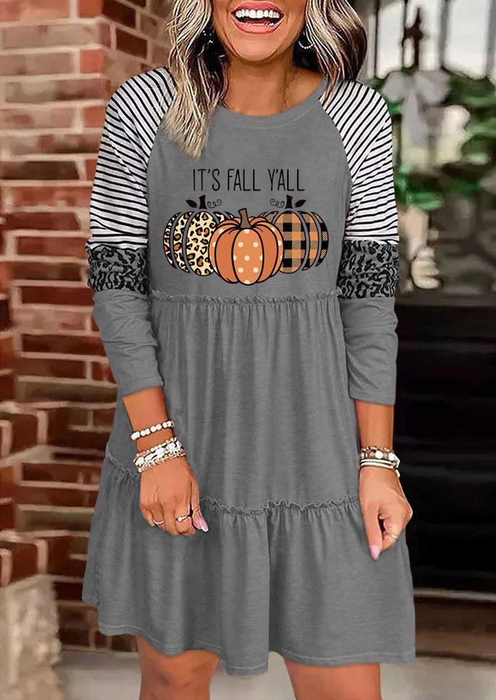 It's Fall Y'all Leopard Plaid Pumpkin Ruffled Mini Dress - Gray