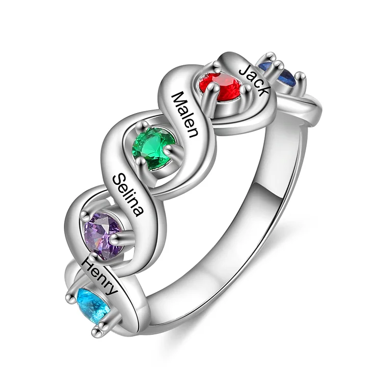 Personalized Infinity Ring Custom 5 Birthstones Engraved Names Ring for Mother