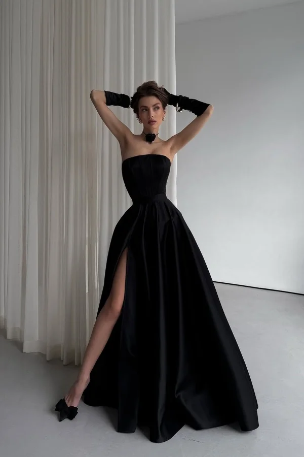 Black Charming Strapless Split Prom Dress With Neck Decoration And Gloves ZT0723