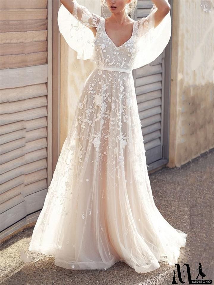 MidiSono - Flowing Floral Applique Cap Sleeve Backless Dress for Wedding