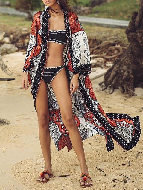 Printed Bohemian Holiday Wind Cardigan Jacket Sun Protection Clothing Long Beach Cover-up