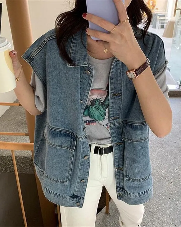 Relaxed Fit Denim Vest with Flap Pockets and Button Front